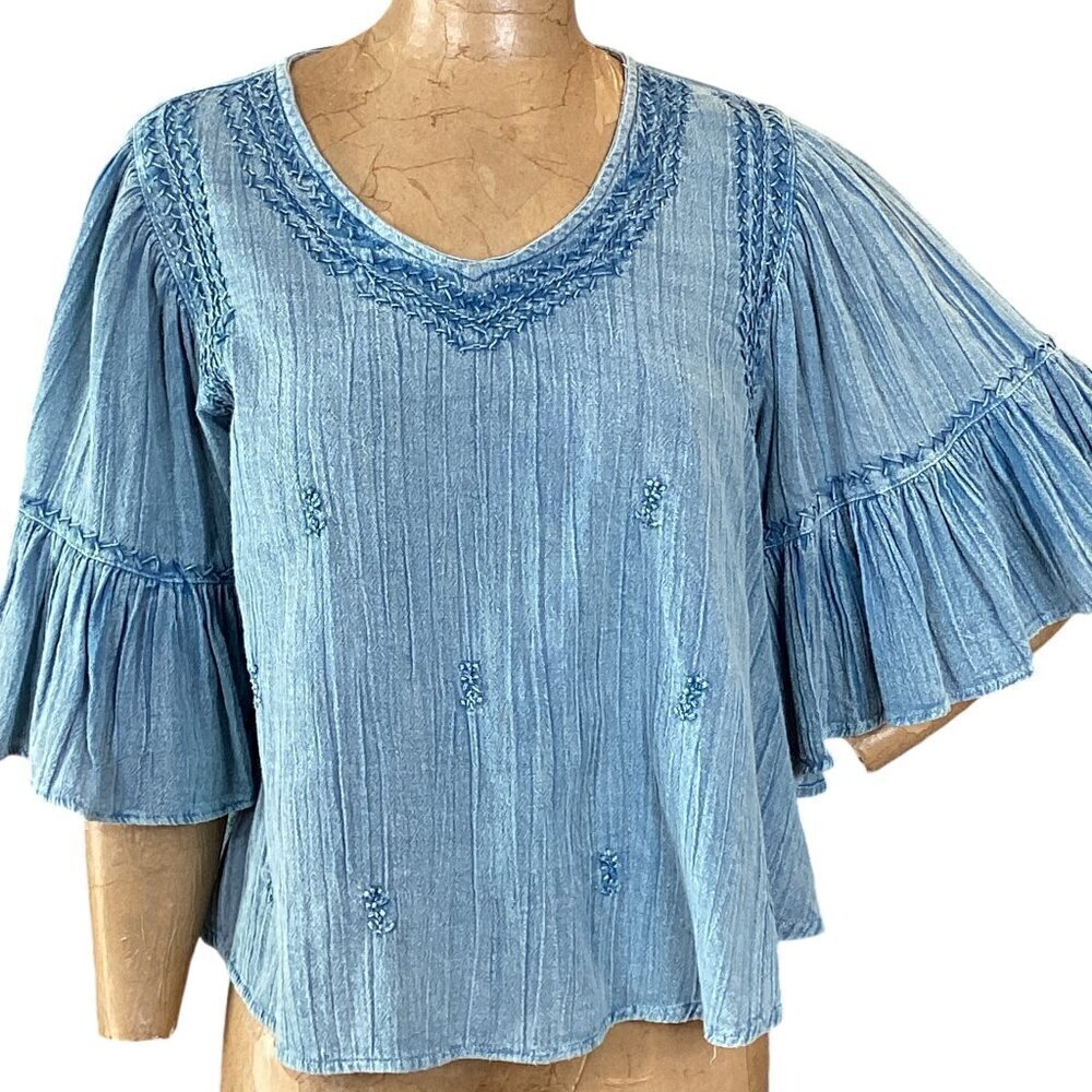 Rachel Zoe BOHO Cropped Relaxed‎ Top Gauze Embroidered Sz S Blue #306F